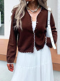 Mieazom Women's Long Sleeve Cardigan Button Down Knit Jackets Open Front Cropped Contrast Color Trim Sweaters Fall Winter Tops Brown S