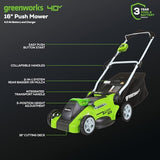 Greenworks 40V 16" Cordless (Push) Lawn Mower (75+ Compatible Tools), 4.0Ah Battery and Charger Included