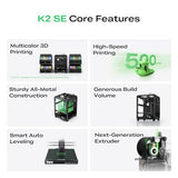 Creality K2 SE 3D Printer, 500mm/s High-Speed Printing, Support Multi Color 3D Printing Needs CFS, Solid Metal Build
