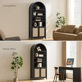 SICOTAS 84.2" Tall Arched Bookcase with Doors - 5 Tier Rattan Bookshelf