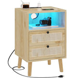 AOGLLATI Rattan Nightstand with Charging Station, LED Night Stand for Bedroom, Wood End Table with USB Ports, Boho Bedside Table with 2 Drawers, Natural