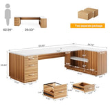 85.8-Inch L-Shaped Executive Office Desk with File Drawers & Storage Cabinet, Professional Corner Computer Desk Extra Large (White&Walnut)