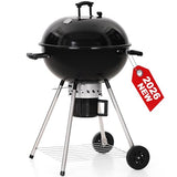 GREEN PARTY 22 inch Kettle Charcoal BBQ Grill with Wheels, Portable Charcoal Grill with Porcelain-Enameled Lid & Ash Catcher, Black