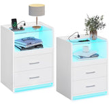 AOGLLATI LED Nightstand Set of 2 with Charging Station, Night Stand with Pull-Out Shelf, 2 Drawers, Bedside Table with LED Lights, Modern End Table with USB Ports Outlets, 2 Pack, White