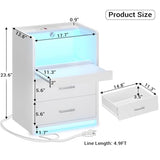 AOGLLATI LED Nightstand Set of 2 with Charging Station, Night Stand with Pull-Out Shelf, 2 Drawers, Bedside Table with LED Lights, Modern End Table with USB Ports Outlets, 2 Pack, White