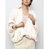 Talakeno Womens Puffed Bomber Jacket Casual Batwing Sleeve Lapel Collar Zip Shirts Oversized Pleated Streetwear Jackets(Beige,M)