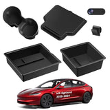 BANKKY 6PCS Center Console Organizer Tray for Tesla Model 3 Highland 2024 2025 Car Accessories with Armrest Storage Tray, Hidden Storage Box, Cup Holder Insert, Camera Privacy Cover, Glove Box Hook