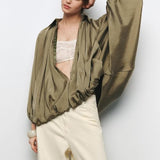 Talakeno Womens Puffed Bomber Jacket Casual Batwing Sleeve Lapel Collar Zip Shirts Oversized Pleated Streetwear Jackets(Green,M2)