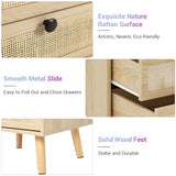 AOGLLATI Rattan Nightstand with Charging Station, LED Night Stand for Bedroom, Wood End Table with USB Ports, Boho Bedside Table with 2 Drawers, Natural