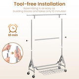JIEJIERUI Double Rods Clothing Rack, Heavy Duty Clothes Rack for Hanging Clothes Load 560LBS, Metal Rolling Garment Racks with Wheels, Silver