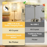 Hong-in Gold Lamps for Night Stands-Crystal Table Lamp with USB-C+A & AC Charging Ports