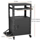 Mobile AV Cart with Side Shelves, Rolling Computer Cart Height Adjustable Rolling Media Utility Cart with Pullout Keyboard Tray