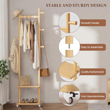 Solid Wood Coat Rack Freestanding Clothing Rack with Wheels & 2 Shelves Storage & 5 Hooks Heavy Duty Clothes Rack Wood Coat Tree Stand