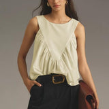 Hixiaohe Shirred Swing Tank Tops for Women Fashion Flowy Sleeveless Shirts Casual Crew Neck Blouse Loose Fit Ruffled Tops(Light-Khaki,XL)