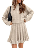 Tankaneo Womens 2 Piece Sweater Skirts Set Chunky Cable High Neck Long Sleeve Sweaters Ruffle Mini Skirt Lounge Set