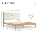 KISLOT Wood Bed Frame with Upholstered Headboard, Cream, Queen