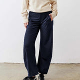 SeeLuNa Women Barrel Travel Pants Elastic Waistband Tapered Leg Baggy Mid Rise Work Trousers Lounge Pant with Pockets(Navy,S)
