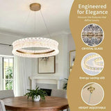 BESTWEST Modern LED Crystal Chandelier for Dining Room, 23.6" Round K9 Crystal Gold Chandelier, 3 Color Dimmable Light Fixture with Remote, Adjustable Height for Living Room Bedroom Entryway