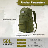 AUMENTAR 50L Tactical Backpack for Men and Women, Water-Resistant Molle Rucksack, Large Military Assault Pack for Hiking, Hunting, Camping, Gym & Outdoor Survival Green