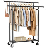 Clothes Rack, Double Rods Rolling Clothing Rack for Hanging Clothes, Portable Garment Rack with Wheels, Coat Rack Wardrobe Closet Load 240 LBS, Black