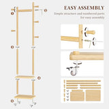 Solid Wood Coat Rack Freestanding Clothing Rack with Wheels & 2 Shelves Storage & 5 Hooks Heavy Duty Clothes Rack Wood Coat Tree Stand