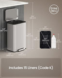 SONGMICS Trash Can, 13 Gallon (50 L) Garbage Can for Kitchen, with Lid, Pedal, and Removable Inner Bucket, Soft Close, Stainless Steel, 15 Trash Bags (Code K) Included, Metallic Silver ULTB586EZ01