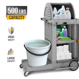 Janitorial Cart on Wheels, 3 Shelf Commercial Cleaning Cart with Key Locking-Cabinet