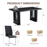 64.5" Dining Room Table Set for 6, 64.5" Modern Black Wood Grain Kitchen Table Set with Tempered Glass Inlay & Dual Pedestal Base