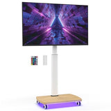 AOKCOS Rolling TV Stand with LED Lights for 43-75 Inch TV, 8-Height Adjustable Mobile TV Stand with 12° Tilt, Wooden Base Floor TV Mounts, Max Load 110lbs, VESA 100x100mm to 600x400mm, White