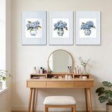 3Pcs Blue Hydrangea Chinoiserie Wall Art Blue and White Stripe Vase Wall Decor Pictures Trendy Preppy Aesthetics Floral Posters Prints for Dorm Apartment Woman Bedroom Decoration 12x16in