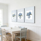 3Pcs Blue Hydrangea Chinoiserie Wall Art Blue and White Stripe Vase Wall Decor Pictures Trendy Preppy Aesthetics Floral Posters Prints for Dorm Apartment Woman Bedroom Decoration 16x24in