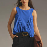 Hixiaohe Shirred Swing Tank Tops for Women Fashion Flowy Sleeveless Shirts Casual Crew Neck Blouse Loose Fit Ruffled Tops(Dark-Blue,S)