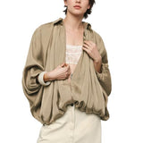 Talakeno Womens Puffed Bomber Jacket Casual Batwing Sleeve Lapel Collar Zip Shirts Oversized Pleated Streetwear Jackets(Khaki,XS2)