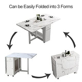 FUNROLUX Folding Dining Table with Rack and 2 Storage Drawers, Movable Extendable Space Saving Kitchen Table in 3 Forms (White)