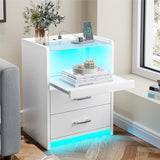 AOGLLATI LED Nightstand Set of 2 with Charging Station, Night Stand with Pull-Out Shelf, 2 Drawers, Bedside Table with LED Lights, Modern End Table with USB Ports Outlets, 2 Pack, White