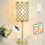 Hong-in Gold Lamps for Night Stands-Crystal Table Lamp with USB-C+A & AC Charging Ports