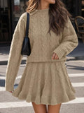 Tankaneo Womens 2 Piece Sweater Skirts Set Chunky Cable High Neck Long Sleeve Sweaters Ruffle Mini Skirt Lounge Set