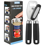 EEKEDO Can Opener Manual, Heavy Duty Stainless Steel Can Opener and Bottle Opener with Magnet, Multifunctional Kitchen Tool, Sharp Cutting Wheel, Soft Ergonomic Handle, Oversized Turn Knob, Black