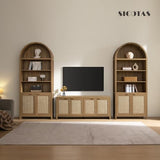 SICOTAS 84.2" Tall Arched Bookcase with Doors - 5 Tier Rattan Bookshelf