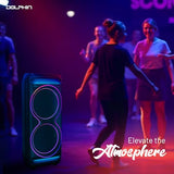 Dolphin Bluetooth Party Speaker – Dual 15" Woofers, 100W RMS, Deep Bass, High Volume, X-BASS, TWS, LED Light Show, Rechargeable Battery, Karaoke Mic Included, PartyBox