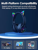 Cat Ear Bluetooth Headphones for Kids & Adults, 55H Play Time, Wireless Foldable & Wired Multi-Function LED Light Up Over Ear