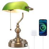Liylan Green Glass Banker's Desk Lamp, Antique Banker Desk Lamps, Traditional Library Lamp with USB Charging Port, Vintage Desk Lamp