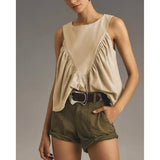 Hixiaohe Shirred Swing Tank Tops for Women Fashion Flowy Sleeveless Shirts Casual Crew Neck Blouse Loose Fit Ruffled Tops(Khaki,S)