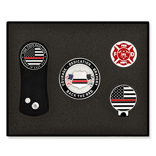 PinMart's Thin Red Line Flag Golf Essentials Gift Set, Golf Divot Tool, Hat Clip, Magnetic Ball Markers, and Large Ball Marker
