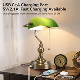 Liylan Green Glass Banker's Desk Lamp, Antique Banker Desk Lamps, Traditional Library Lamp with USB Charging Port, Vintage Desk Lamp