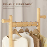 Solid Wood Coat Rack Freestanding Clothing Rack with Wheels & 2 Shelves Storage & 5 Hooks Heavy Duty Clothes Rack Wood Coat Tree Stand
