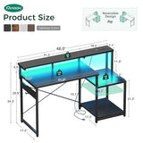 AODK Computer Desk, 48 Inch Gaming Desk with Led Lights & Power Outlet, Office Desk with Storage Shelves, Carbon Fiber Black