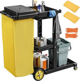 3 Shelf Commercial Traditional Plastic Janitor Cart, with 2 Yellow 25 Gallon Vinyl Bag & Rubber Gloves for Restaurant Hotel Home