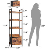 Furologee 5 Tier Bookshelf with Drawer, Tall Narrow Bookcase with Shelves, Rustic Brown