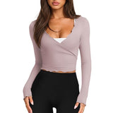 Talakeno Womens Ballet Wrap Tops Cropped Long Sleeve Self Tie Front Shirt Y2K Workout Yoga Pilates Dance Cover Up Blouse(Purple,L)